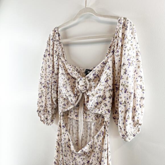 MINKPINK Hailey Floral Puff Sleeve Cutout Midi Dress White Purple XL - Picture 8 of 16